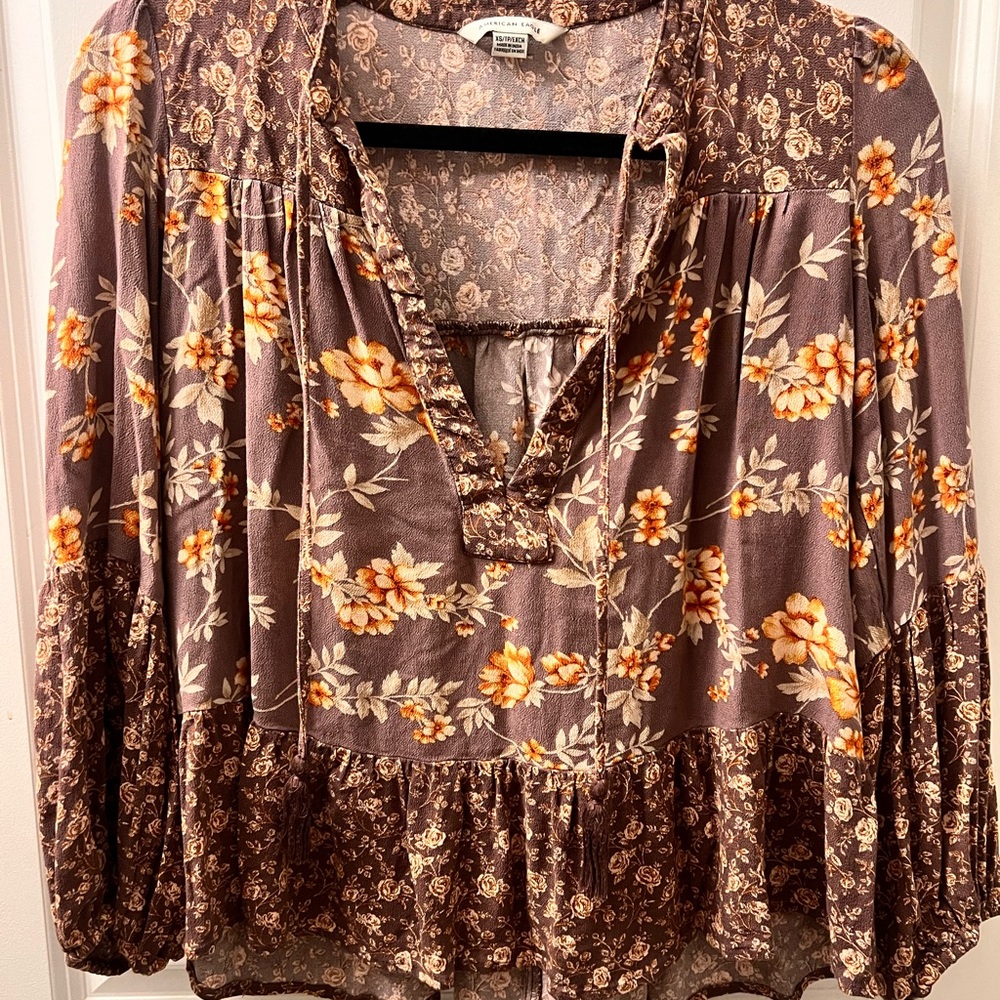 American Eagle Outfitters Brown Smocked Tie Front Blouse
